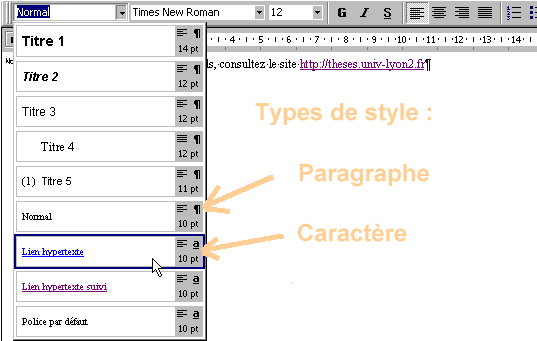 Types de styles : caractère / paragraphe