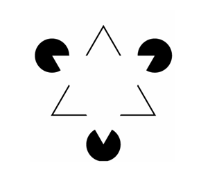 Figure 1.1.4. Triangle de Kanizsa (1979). Dans cette illusion d’optique, un triangle blanc dépourvu de contours est perçu au-dessus des cercles noirs et d’un autre triangle.