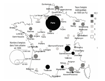 Carte 5 : Emploi total en 1999 et taux d’emplois métropolitains supérieurs