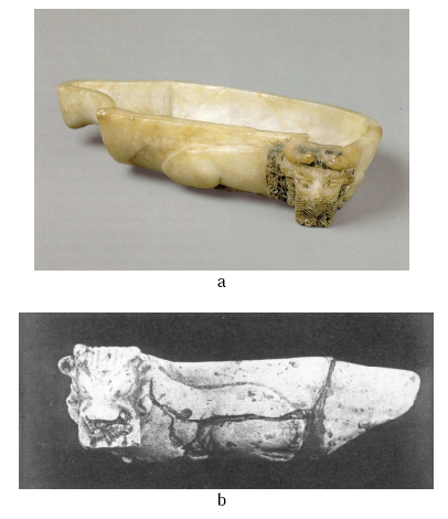 Figure 66- Les coupes deltoïdes : a- coupe deltoïde anthropomorphe, tombe 871, Cimetière Royal d’Ur (d’après Hansen 1998 : 69, n°14) ; b- coupe deltoïde anthropomorphe, Kish (Watelin 1934 : pl. XXXI-7)
