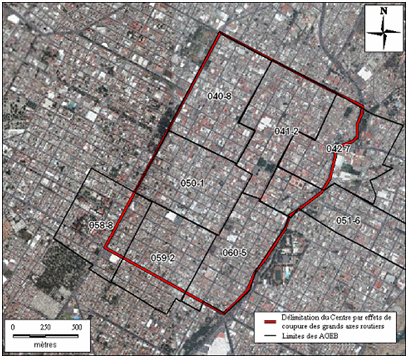 Carte 30 : Le centre de Puebla, coupures et limites des zones du découpage