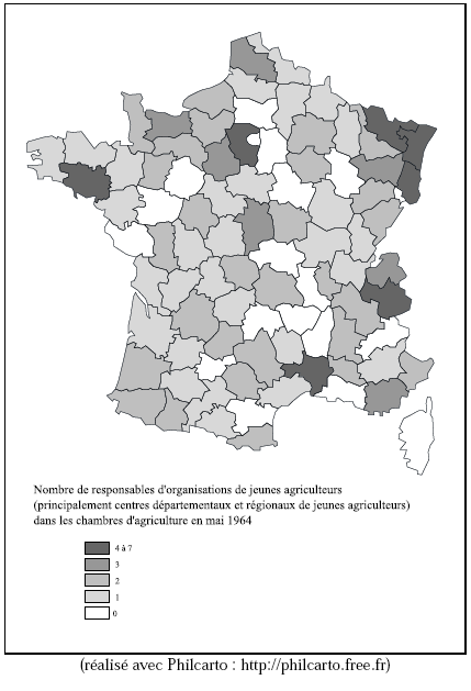 Carte 8 : Présence des responsables « jeunes agriculteurs » dans les chambres d’agriculture en 1964