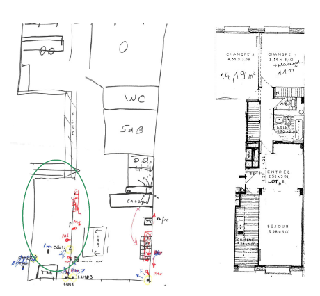 Fig. 4 : Planification de l’installation chez les PR (gauche) et plan d’architecte (droite), obtenu après