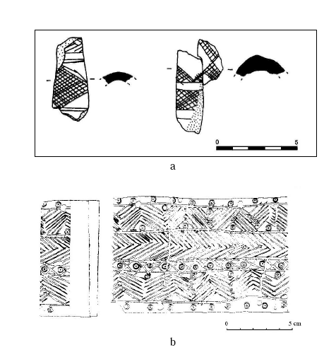 Figure 59- Les os gravés : a- os provenant de Qara Quzac (d’après Valdés Pereiro 1995 : 64, figure 1) ; b- Tell Bi’a, tombe 3 (d’après Strommenger 1998 : tafel 76)