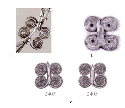 Figure 57- Les perles en spirales : a - détail d’un collier provenant d’un Trésor, secteur FS (1957), Tell Brak (d’après Aruz 