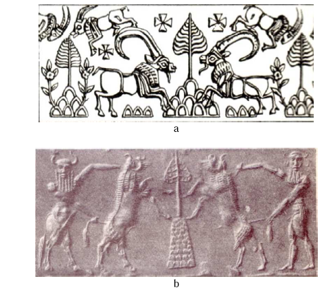Figure 78- L’arbre de vie : a- empreinte de sceaux, période urukéenne ; b- sceau cylindre, période akkadienne (d’après Frankfort 1939 : pl. IV-j ; pl. XVII-h)