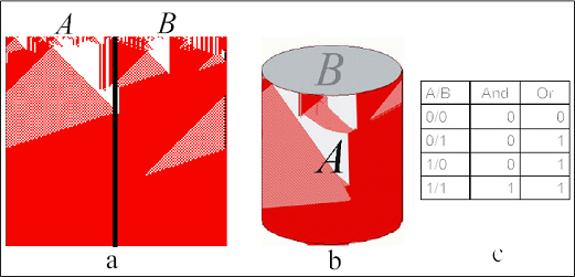 Figure 63. L’exécution de tâches logiques en Automates Cellulaires unidimensionnels : (a) le réticulé est divisé en deux moitiés A et B et chacune est interprétée comme une variable logique séparément dont la valeur est “1" si la plupart des cellules est à l’état “1", sinon la valeur est “0"; (b) le réticulé de l’espace-temps est périodique ; les premières cellules sont voisines des dernières; (c) Table vérité pour le “And” et le “Or”. (Rocha & Hordijk, 2005, p. 20).