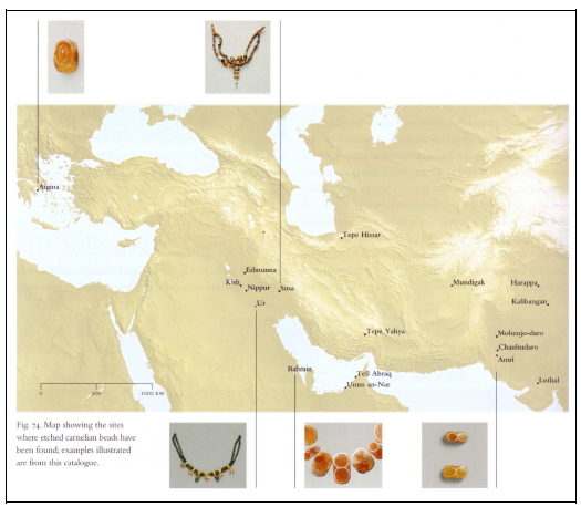 Figure 56- Carte de distribution des perles dites « etched beads » (d’après Aruz 