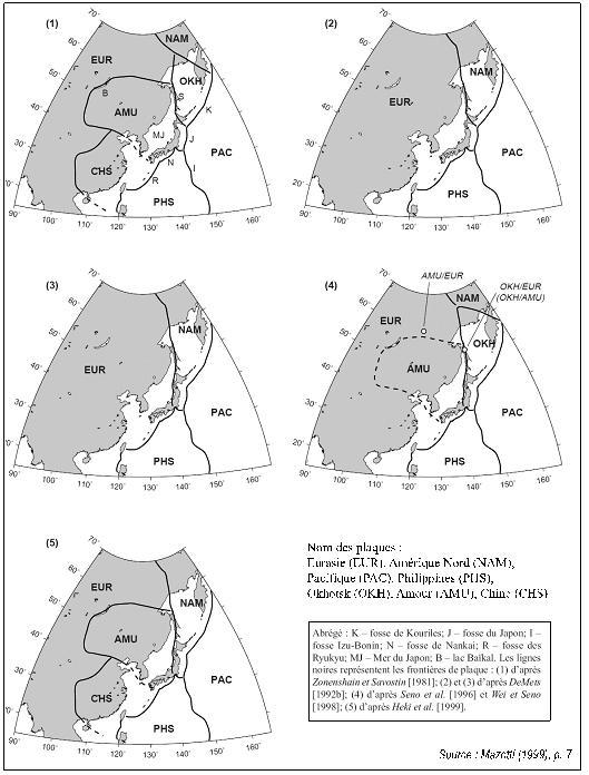 Carte 2-1 – Différentes interprétations de la configuration tectonique régionale