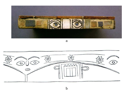 Figure 76- La représentation des « yeux » : a- face latéral d’un jeu, Cimetière Royal d’Ur (d’après Hansen 1998 : 6) ; b- empreinte de sceau cylindre, Tell Agrab (d’après Wolkenstein 1989 : 27, 184)