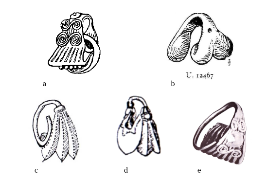 Figure 37- Les boucles d’oreilles : a - boucle à "panier" de la tombe 1100, Cimetière Royal d’Ur (d’après Woolley 1934 : pl. 138, 219, voir Maxwell-Hyslop 1974 : 51, figure 34) ; b- boucle en forme de lune, type 7, Cimetière Royal d’Ur (d’aprèsWoolley 1934 : pl. 219) ; c- boucle à trois navicelles, Troie, tombe A (d’après Maxwell-Hyslop 1974 : 50, figure 33) ; d- tombe 20, Assur (d’après Haller 1954 : tafel 10a) ; e- boucle en panier de la Troade (d’après Branigan 1974 : pl. 34, 2850)