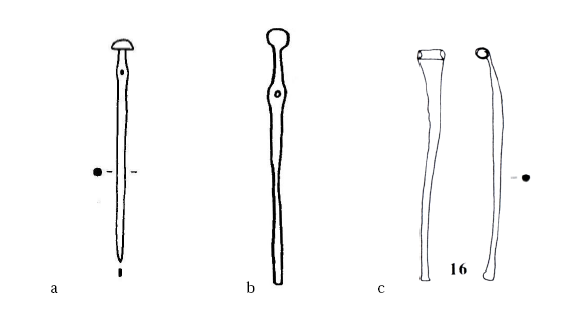 Figure 25- Les épingles vestimentaires : a - épingle à tête semi-sphérique provenant de Qara Quzac (d’après Montero Fenollós 1995 : fig. 1) ; b- Mari, tombeaux 241-242, épingle droite à chas (d’après Jean-Marie 1999 : planche 41) ; c- épingle à tête enroulé de Mari, tombe 928 (d’après Jean-Marie 1999 : planche 187-16)