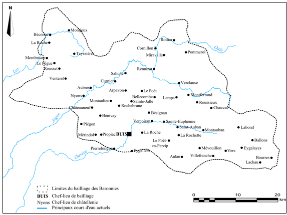 Doc. 187. Répartition des ensembles fortifiés des Baronnies (1317)