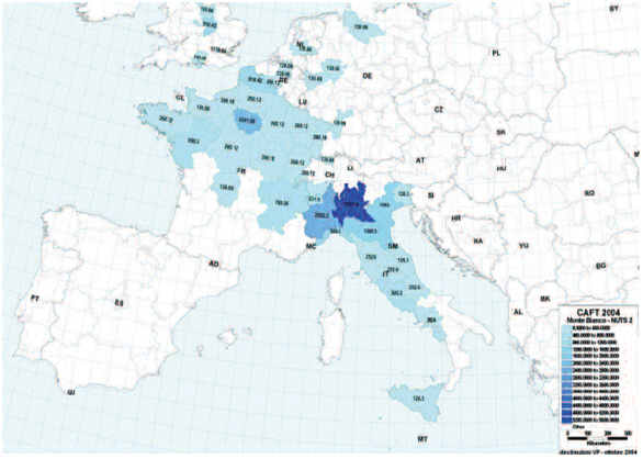 Fig. 57 – Les origines et destinations par passage alpin : le cas du Mont Blanc en 2004