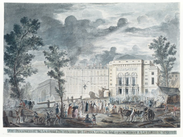 Pl. XVIII - Vue perspective de la Salle provisoire de l’Opéra lors de Sa Construction à la Porte St Martin, 1785, dessin.