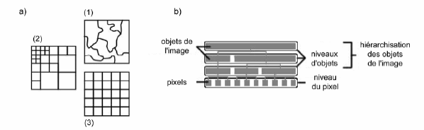 Figure 2-18. Principe d’une analyse orientée objet, a) les méthodes de segmentation, b) hiérarchisation des objets de l’image (d’après Definiens, 2006)