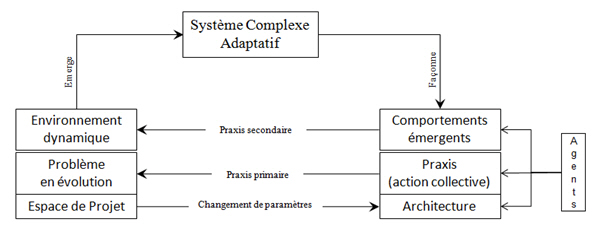 Figure 73. Emergence d’un système complexe adaptatif par stigmergie sur un environnement problème en constant changement