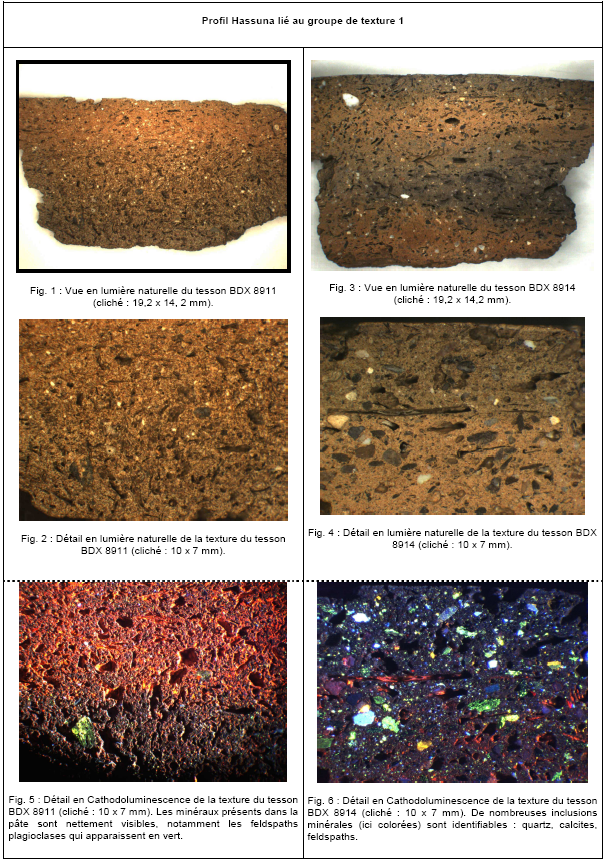 PLANCHE 2.39 : Clichés en lumière naturelle et en Cathodoluminescence des tessons BDX 8911 et BDX 8914 provenant de Tell Shimshara (Iraq). Clichés : A. Lassalle et B. Robert (CRP2A).