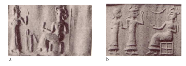 Figure 63- Sceaux Ur III, scènes de présentations : a, tombe 1422, U.1518 ; b, tombe 1845, U.17912 (Woolley 1934 : pl. 211, n°283, 294)