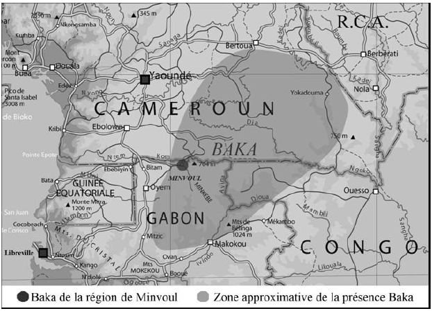 Figure 1. Zone approximative des Baka au Cameroun, au Congo et au Gabon