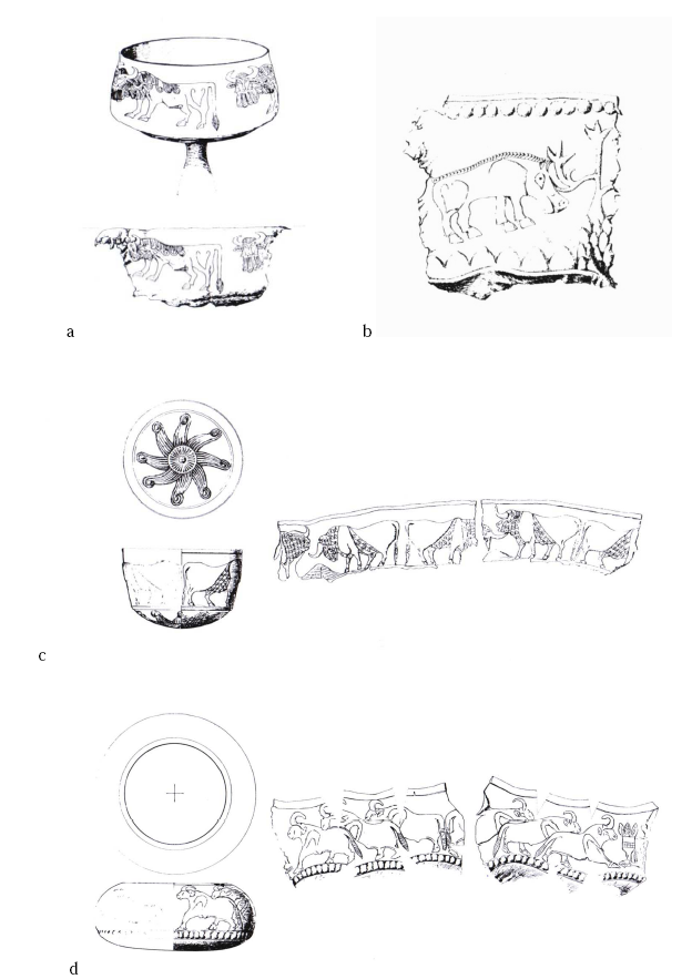 Figure 74- Trésor de Fullol, Afghanistan : a, b- coupes en or à décor de sanglier et de taureau barbu ; 
