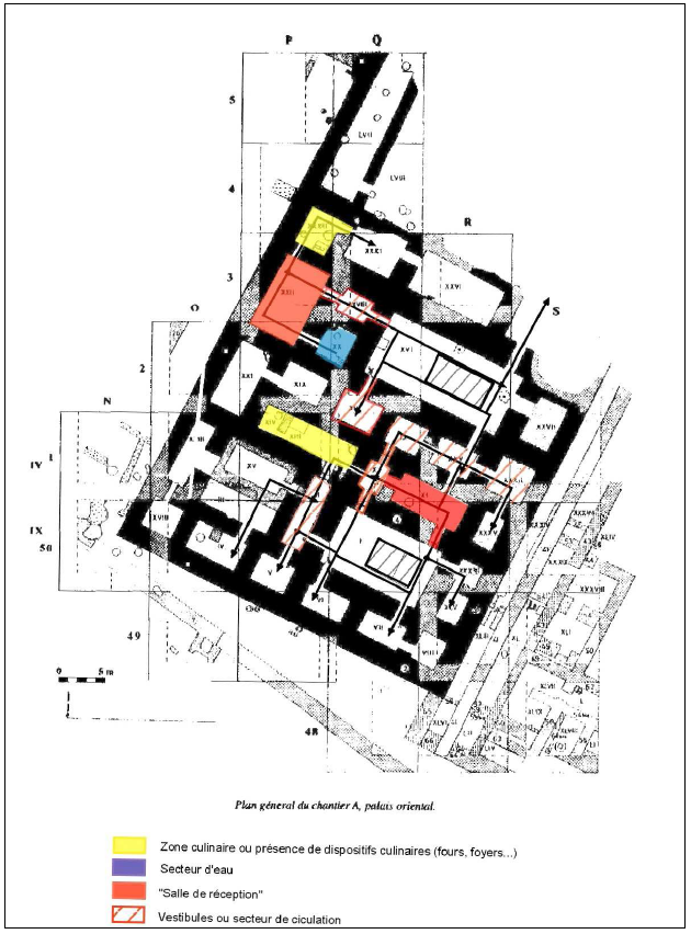 Figure 8- Plan de circulation et fonctions des salles dans le Palais Oriental de Mari.  