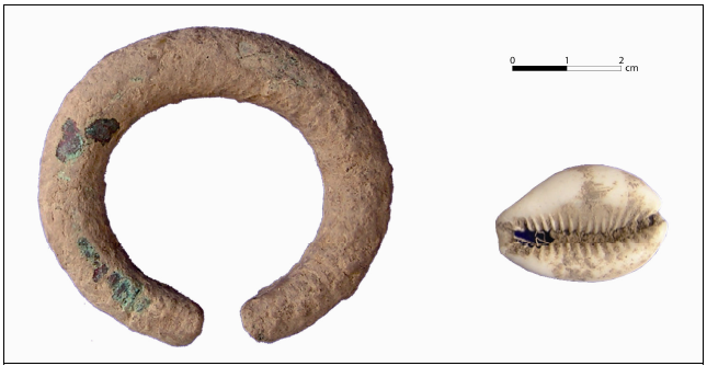 Figure 5‑38 : Anneau ouvert en bronze (à gauche) et cauri (à droite) retrouvés à Tol-e Rubai