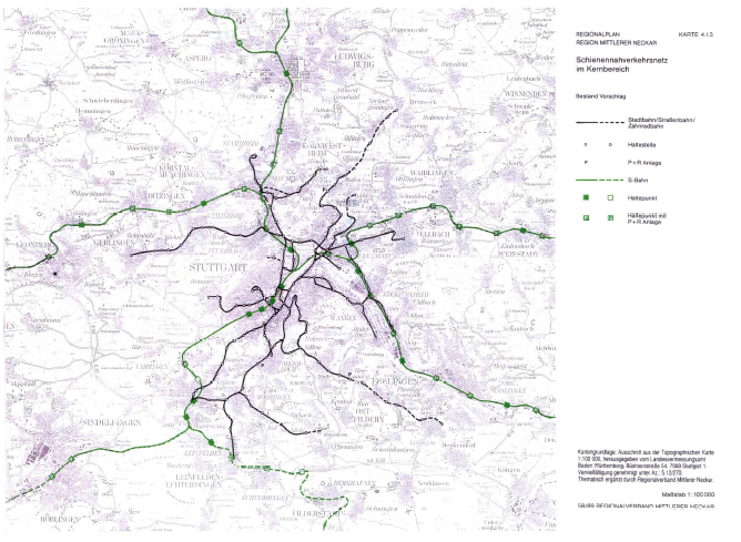 Figure 62 - Le réseau de grandes infrastructures de transport collectif de Stuttgart en 1995