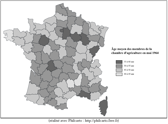 Carte 6 : Âge moyen des membres des chambres d’agriculture, mai 1964.