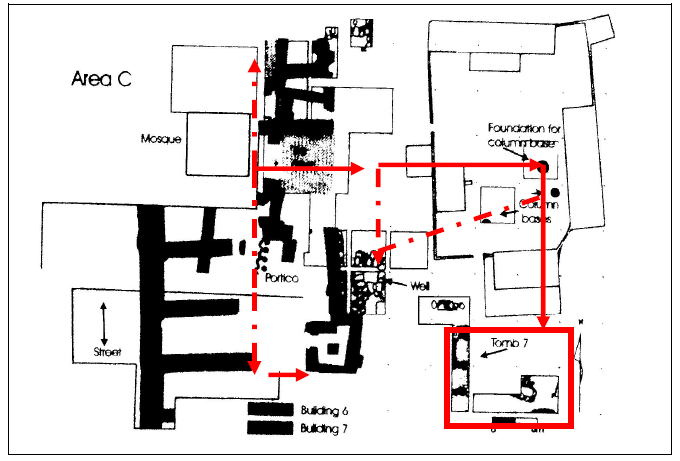 Figure 7- Plan du secteur C, avec les accès possibles à la tombe 7  