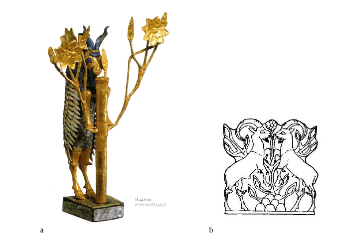 Figure 77- Les animaux : a- bélier, tombe 789, Cimetière Royal d’Ur ; b- plaquette en ivoire, Cimetière Royal d’Ur (d’après Hansen 1998 : 61, n°8, 49, fig. 39)