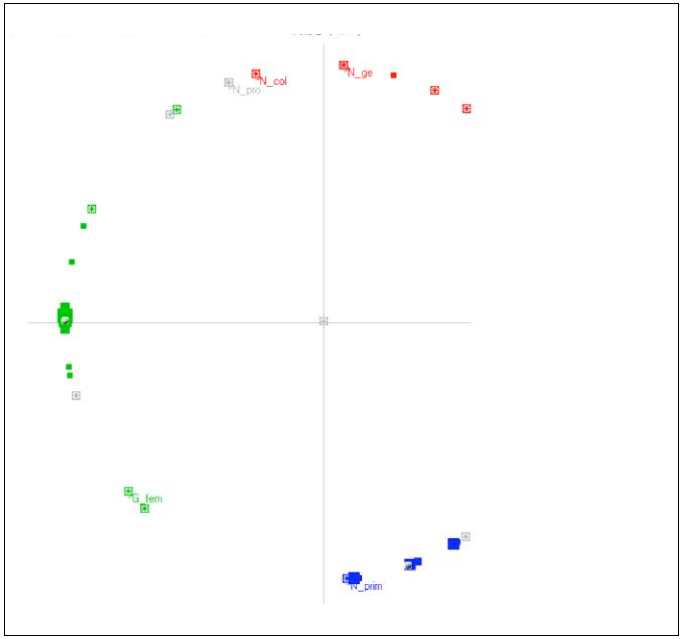 Figure 8 : Analyse Factorielle des Correspondances : représentation en corrélation des variables signalétiques et des mots