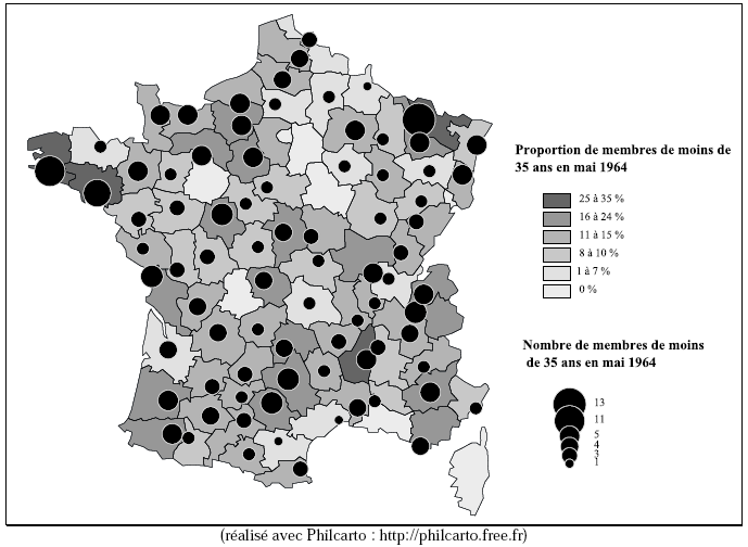 Carte 7 : Place des moins de 35 ans dans les chambres d’agriculture au lendemain des élections de 1964.