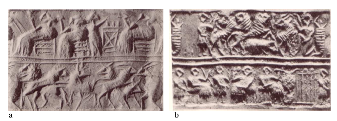 Figure 62- Sceaux cylindres représentant des scènes de combats avec des scènes de banquets (d’après Woolley 1934 : pl. 195, n°37, U.14041, n° 36, U.10822)