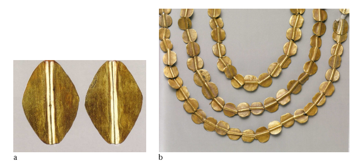 Figure 54- Les perles plates : a- perles provenant du Trésor de Tell Brak, époque akkadienne (d’après Aruz 