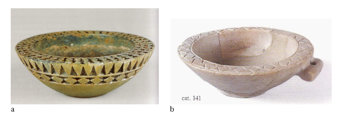 Figure 64- Les récipients en pierre de « type syrien » : a- bol en calcite, tombe 7, Tell Banat (d’après Aruz et alii 2003 184, n° 122) ; b- coupe en pierre, Ebla (d’après Matthiae 