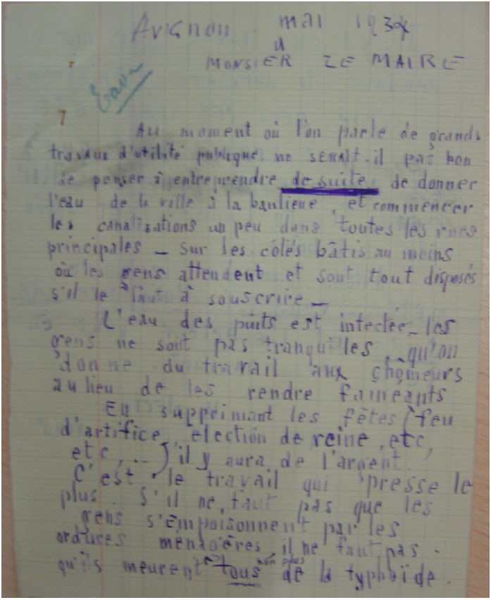 Lettre d’« un électeur qui a voté pour vous » au maire d’Avignon (mai 1934)