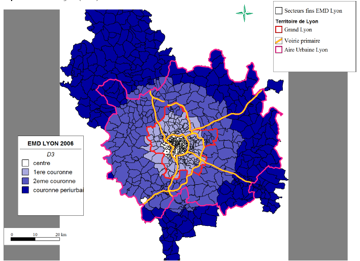 Illustration VI-2 : Découpage géographique utilisé au chapitre IV ; périmètre : Enquête ménages déplacements de Lyon (2006)