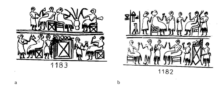 Figure 61- Sceaux cylindres de la tombe 800 : scènes de banquet (d’après Amiet 1961)