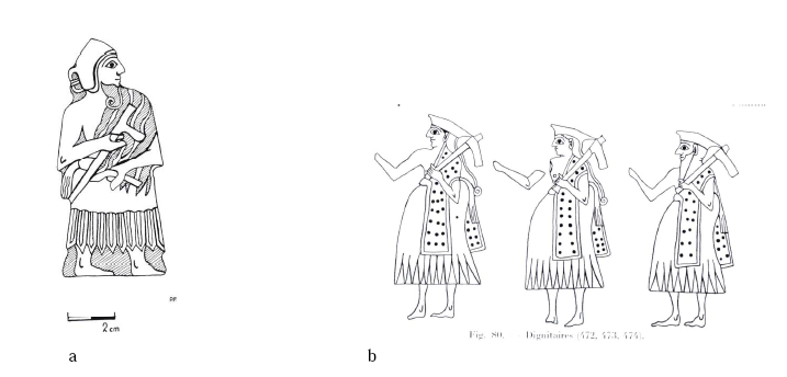 Figure 23- Les haches à douille : a- plaque en ivoire dite du "Guerrier à l'herminette", Mari (d'après Parrot 1956 : figure 70) ; b- détail de l’Étendard de Mari, les dignitaires (d’après Parrot 1956 : figure 80)