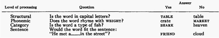 Figure 3. Exemples de phrases utilisées dans l’expérience de Craik et Tulving (1975), nécessitant des niveaux de profondeur de traitement différents.