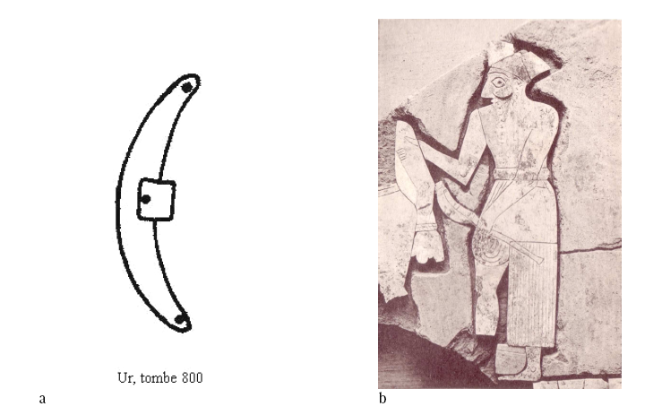 Figure 22- Les haches en forme de croissant : a- hache de la tombe 800, Cimetière Royal d’Ur (d’après Tubb 1982) ; b- plaque, Kish (d’après Langdon 1924 : pl. XXXVI)