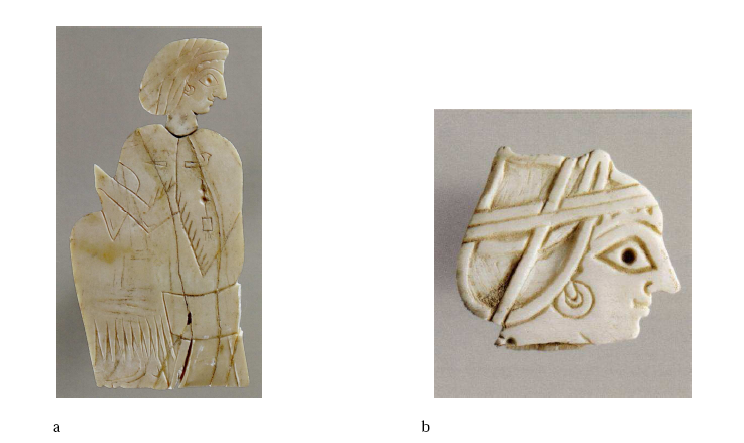 Figure 27 - Plaques en ivoire incisé, Mari : a- Temple de Ninni-za, M.2765 ; b- Temple de Dagan, M.3575-76 (d’après Aruz 