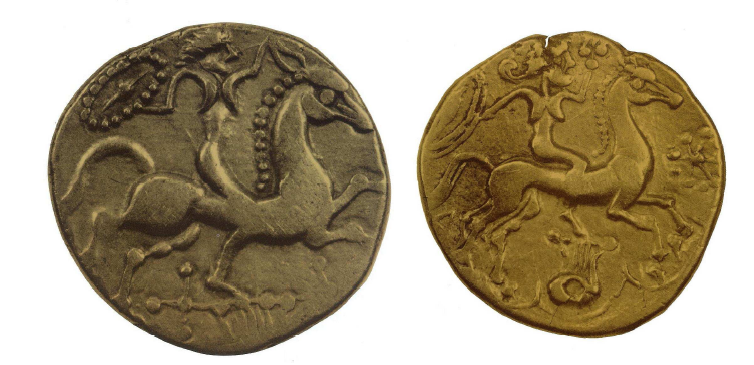 Fig. 15: Golden coins from the territory of the Redones. Left: Naked female rider, above a lyre, holding a shield in her right hand and touching the ear of the horse with the other one. Diam: 2 cm. Duval, 1987, p. 63, 8B (=