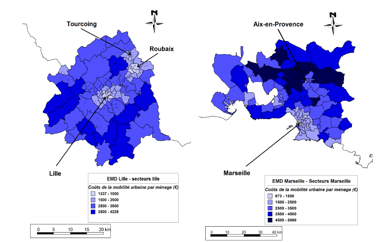 Illustration II-3 : coûts annuels (€) de mobilité quotidienne et de week-end des ménages (moyennes aux secteurs de tirage)