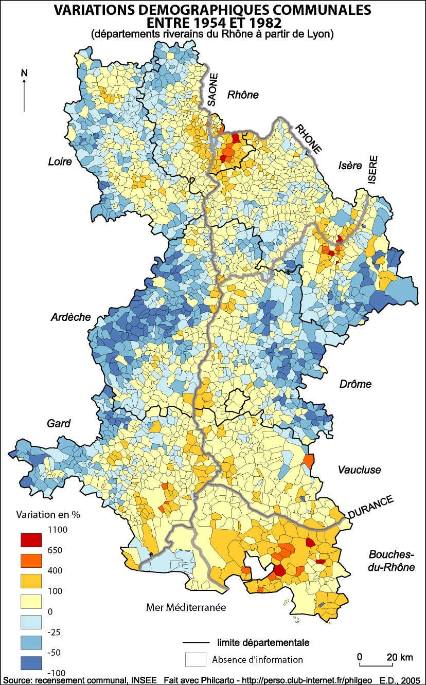 Figure 9. Variations démographiques communales entre 1954 et 1982