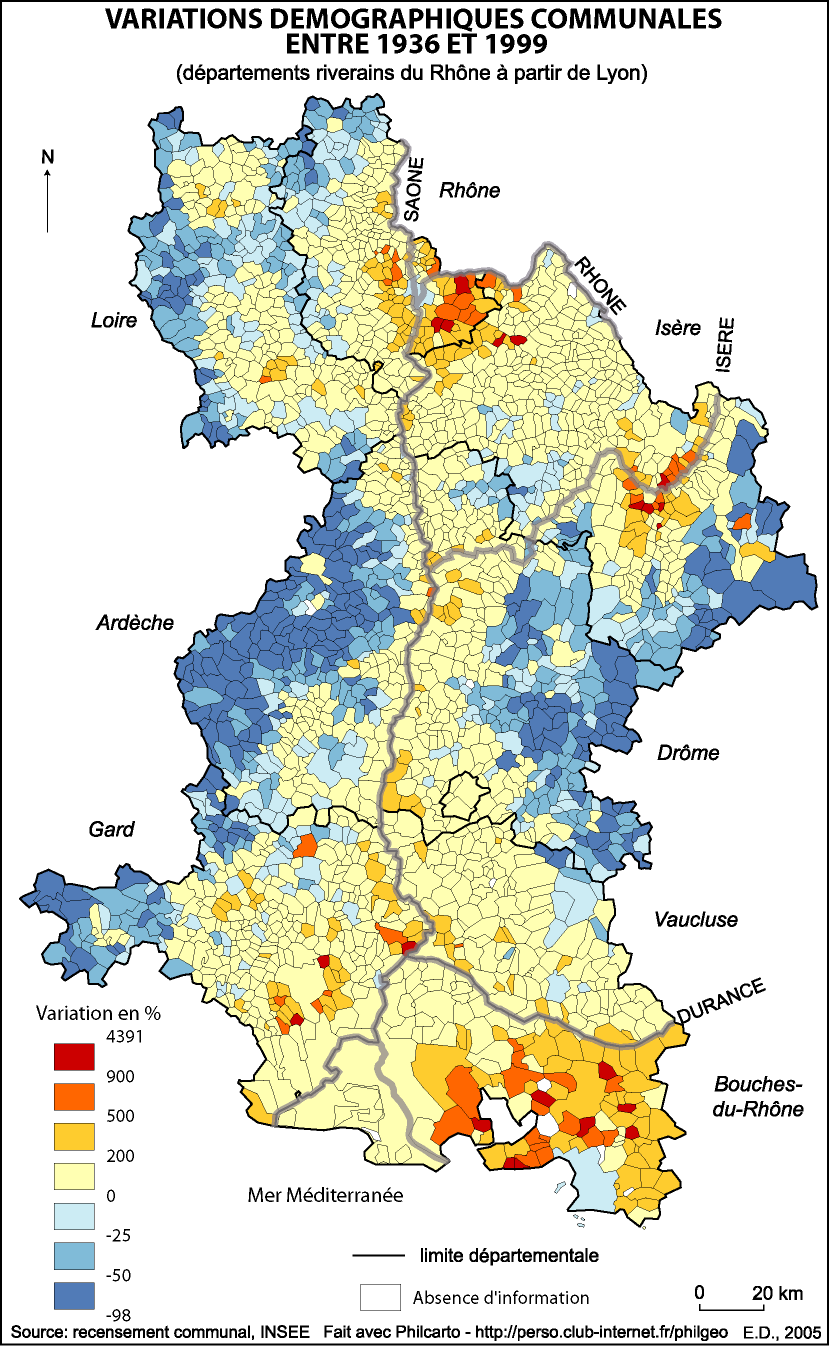 Figure 7. Variations démographiques communales entre 1936 et 1999