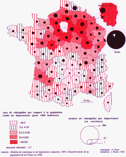 Carte 6 . : Nombre de v élocipèdes et population en France (1894)