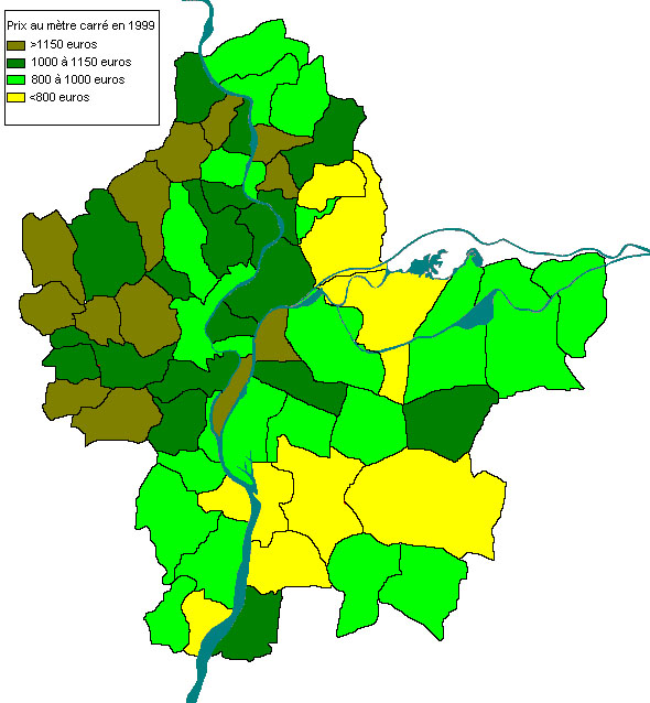 Carte 10 : Les prix au mètre carré dans la communauté urbaine de Lyon en 1999 (source : OTIF)