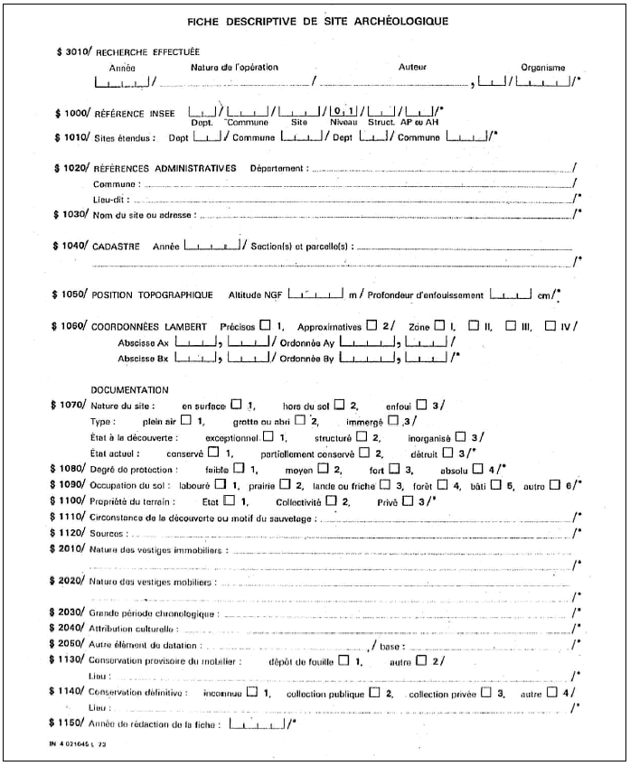 Figure 1 : fiche papier d’inventaire de site pour saisie dans SIGAL